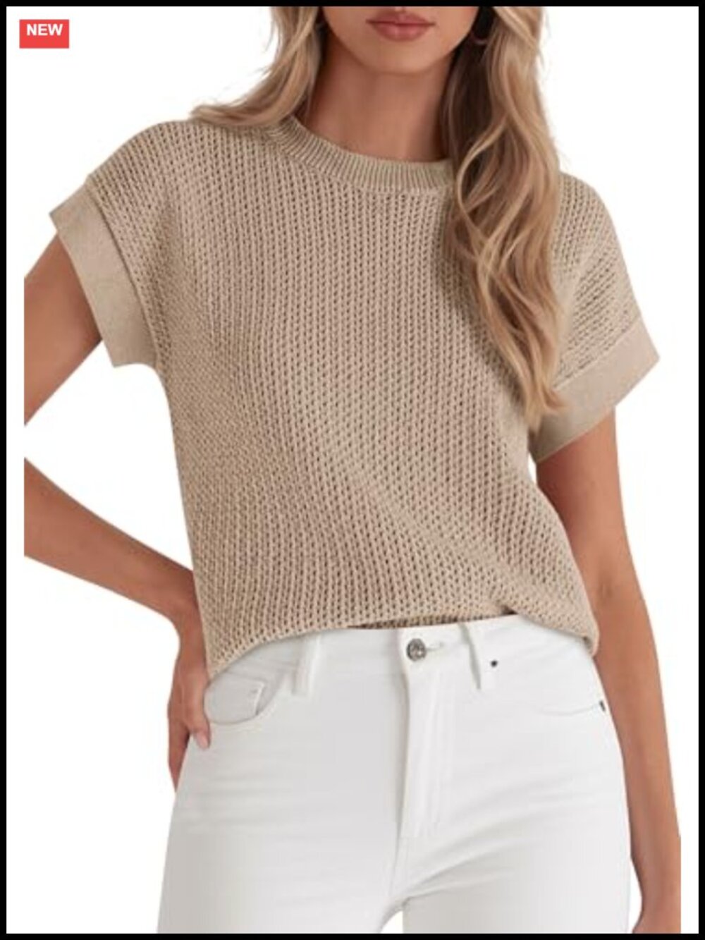 Crochet Knit Lounge Sweater Vest, Breathable Loose Fit Short Sleeve Pullover